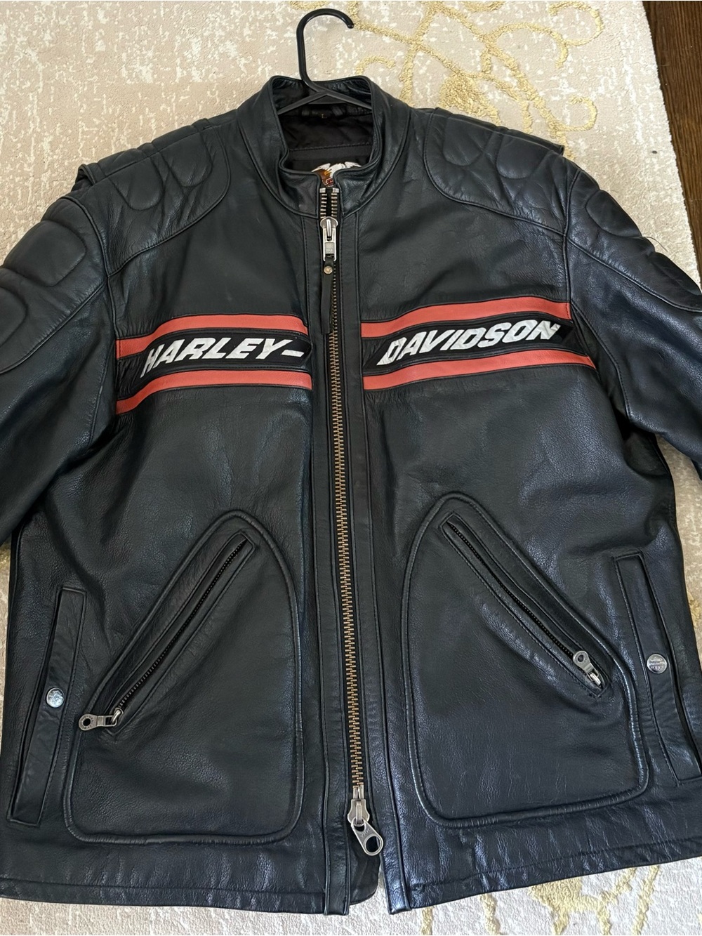 Harley-Davidson Black Leather Jacket with Red and White Chest Stripes
